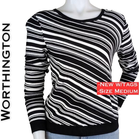 NEW Worthington Sweater Medium Black White Bold Stripe Jersey Knit Long Sleeve - Picture 1 of 9